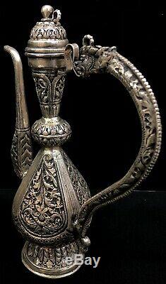 925 Sterling Silver Ewer Dragon Handle Water Jug Showpiece Floral Repoussé Home