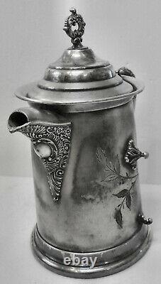 A LOVELY ATQ! Slv Plate B. G. UHER TILT WATER PITCHER COFFEE POT STAND wCUP HOLDER