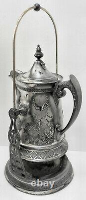 A LOVELY ATQ! Slv Plate B. G. UHER TILT WATER PITCHER COFFEE POT STAND wCUP HOLDER