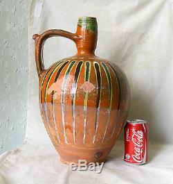ANTIQUE 19`c HUGE 8 L REDWARE Glazed Pottery Ceramic Water Wine PITCHER JUG EWER