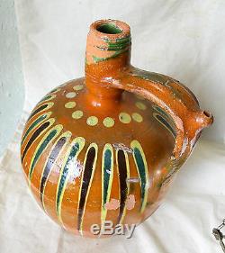 ANTIQUE 19`c HUGE 8 L REDWARE Glazed Pottery Ceramic Water Wine PITCHER JUG EWER