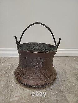 ANTIQUE ENGRAVED ISLAMIC JUG Bucket Pot PITCHER COPPER HANDMADE