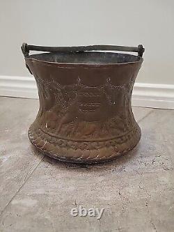 ANTIQUE ENGRAVED ISLAMIC JUG Bucket Pot PITCHER COPPER HANDMADE