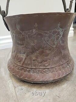 ANTIQUE ENGRAVED ISLAMIC JUG Bucket Pot PITCHER COPPER HANDMADE