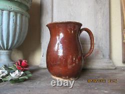 ANTIQUE FRENCH HUGE EARTHENWARE BROWN GLAZE WINE WATER PITCHER POTTERY 19 19Th