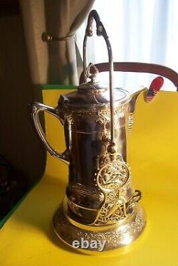 ANTIQUE ORNATE VICTORIAN S/P. MERIDEN 1870's TILTING WATER PITCHER ON STAND, L-F5