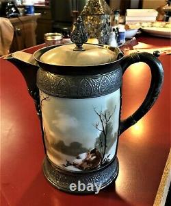 ANTIQUE Rare SIMPSON HALL & MILLER VICTORIAN WATER PITCHER With HP GLASS INSERT