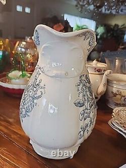 Antique 11.5 Blue And White Transferware Staffordshire Water Pitcher England