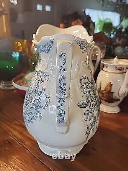 Antique 11.5 Blue And White Transferware Staffordshire Water Pitcher England