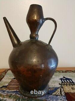 Antique 12 Middle Eastern Hand Hammered Engraved Copper Jug Pitcher Water Can