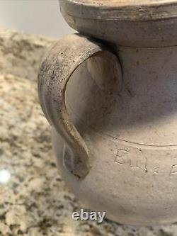 Antique 1850 Redware Handmade Salt Glazed Stoneware Water Pitcher Jug Lid Signed