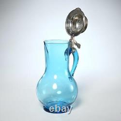 Antique 1885 Blue Blown Glass Water Pitcher Jug, With Pewter Lid, 10