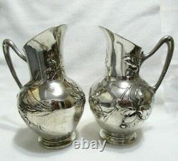 Antique Art Nouveau Wmf Silverplate Pair Water Wine Pitchers Jugs 8.50