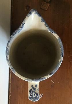 Antique Blue & White Spongeware Splatterware Stoneware Pitcher Water Jug 9 Nice
