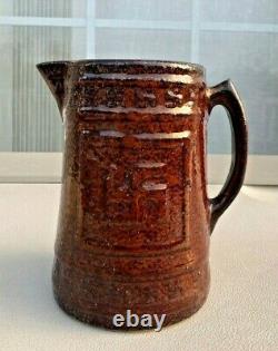 Antique Brown Indian Stoneware Swastika Good Luck Water Milk Jug Pitcher