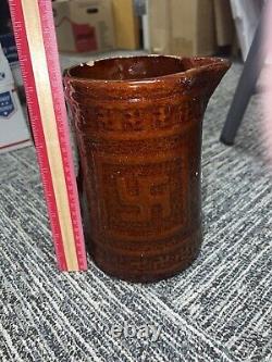 Antique Brown Indian Stoneware Swastika Good Luck Water Milk Jug Pitcher