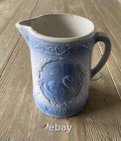 Antique Burley Winter Saltglaze Stoneware Water Pitcher Jug Swans Blue Grey 1900