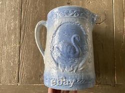 Antique Burley Winter Saltglaze Stoneware Water Pitcher Jug Swans Blue Grey 1900