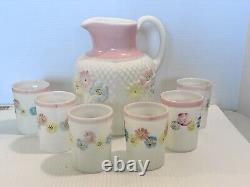 Antique Consolidated Milk Glass Cosmos Water Pitcher Jug & 6 Tumblers Glasses