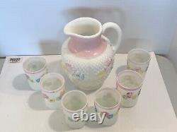 Antique Consolidated Milk Glass Cosmos Water Pitcher Jug & 6 Tumblers Glasses