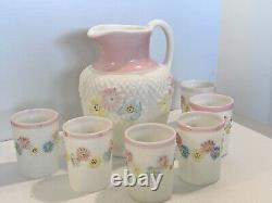 Antique Consolidated Milk Glass Cosmos Water Pitcher Jug & 6 Tumblers Glasses