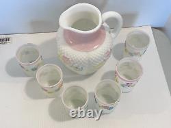 Antique Consolidated Milk Glass Cosmos Water Pitcher Jug & 6 Tumblers Glasses