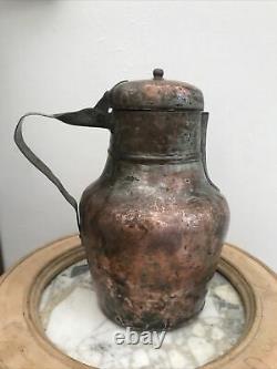 Antique Copper French water milk? Pitcher Hinged Lid Tinned 9 Cider Beer