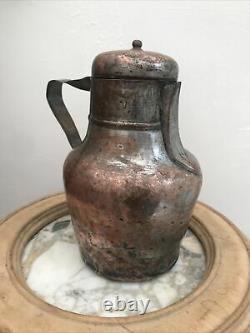 Antique Copper French water milk? Pitcher Hinged Lid Tinned 9 Cider Beer