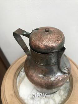 Antique Copper French water milk? Pitcher Hinged Lid Tinned 9 Cider Beer