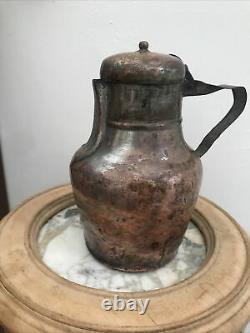 Antique Copper French water milk? Pitcher Hinged Lid Tinned 9 Cider Beer