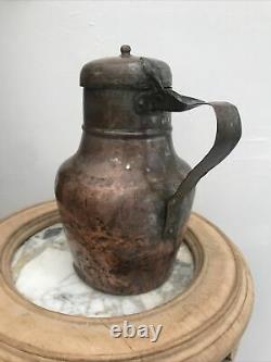 Antique Copper French water milk? Pitcher Hinged Lid Tinned 9 Cider Beer