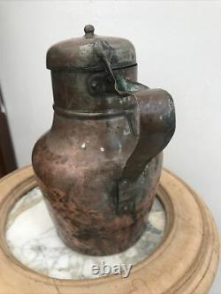 Antique Copper French water milk? Pitcher Hinged Lid Tinned 9 Cider Beer