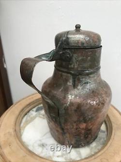 Antique Copper French water milk? Pitcher Hinged Lid Tinned 9 Cider Beer