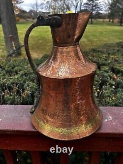 Antique Copper Water Jug Brass Handle Heavy Handmade Hammered Pitcher Patina 13