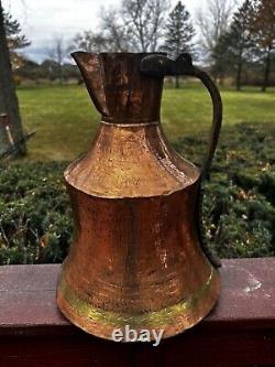 Antique Copper Water Jug Brass Handle Heavy Handmade Hammered Pitcher Patina 13