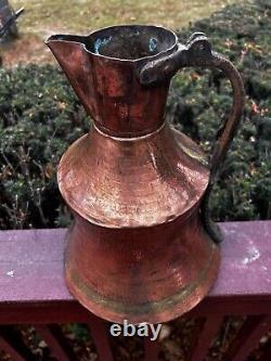 Antique Copper Water Jug Brass Handle Heavy Handmade Hammered Pitcher Patina 13