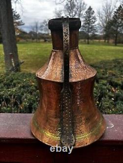 Antique Copper Water Jug Brass Handle Heavy Handmade Hammered Pitcher Patina 13