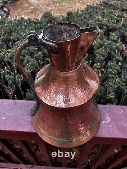 Antique Copper Water Jug Brass Handle Heavy Handmade Hammered Pitcher Patina 13