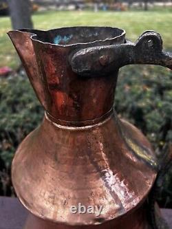 Antique Copper Water Jug Brass Handle Heavy Handmade Hammered Pitcher Patina 13