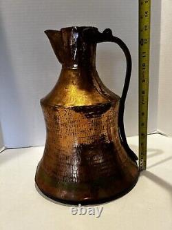 Antique Copper Water Jug Brass Handle Heavy Handmade Hammered Pitcher Patina 13