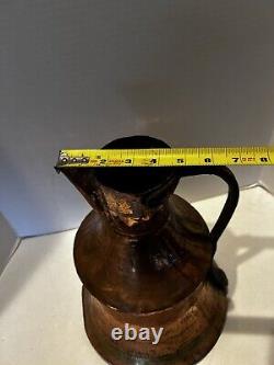 Antique Copper Water Jug Brass Handle Heavy Handmade Hammered Pitcher Patina 13