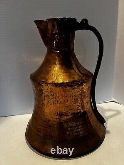 Antique Copper Water Jug Brass Handle Heavy Handmade Hammered Pitcher Patina 13