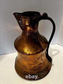 Antique Copper Water Jug Brass Handle Heavy Handmade Hammered Pitcher Patina 13