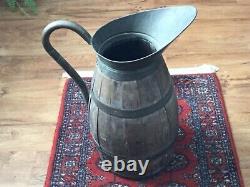 Antique Country Oak Brass Banded Water Pitcher Wine Jug