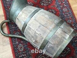 Antique Country Oak Brass Banded Water Pitcher Wine Jug