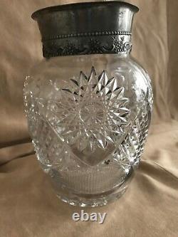 Antique Crystal Water Pitcher Silver Top Cut Glass Farmhouse