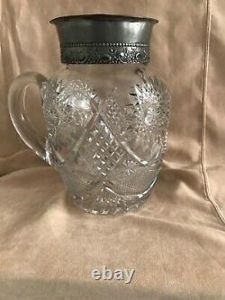 Antique Crystal Water Pitcher Silver Top Cut Glass Farmhouse