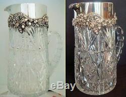 Antique Cut Glass Sterling Silver Water Jug Pitcher Bailey Banks Biddle (5026)