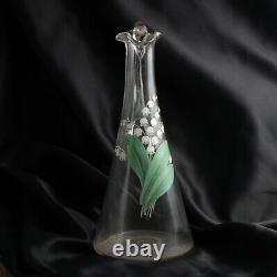 Antique Czech hand painted Lily of the Valley blown glass water pitcher jug