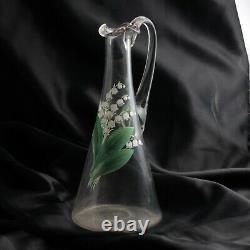 Antique Czech hand painted Lily of the Valley blown glass water pitcher jug